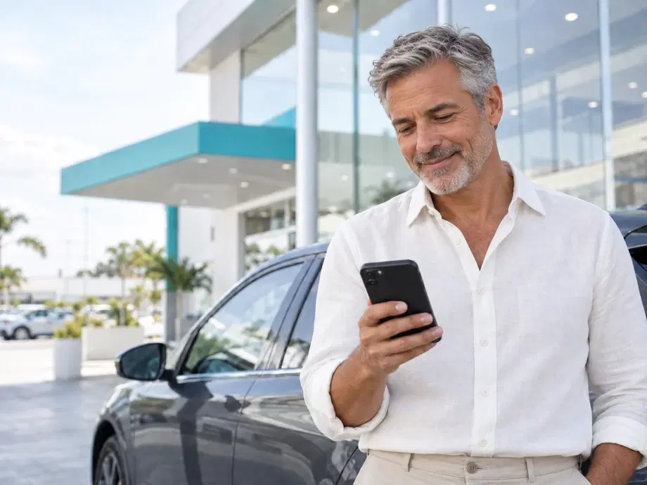 Cliente consultando o app ao lado do próprio carro na concessionária