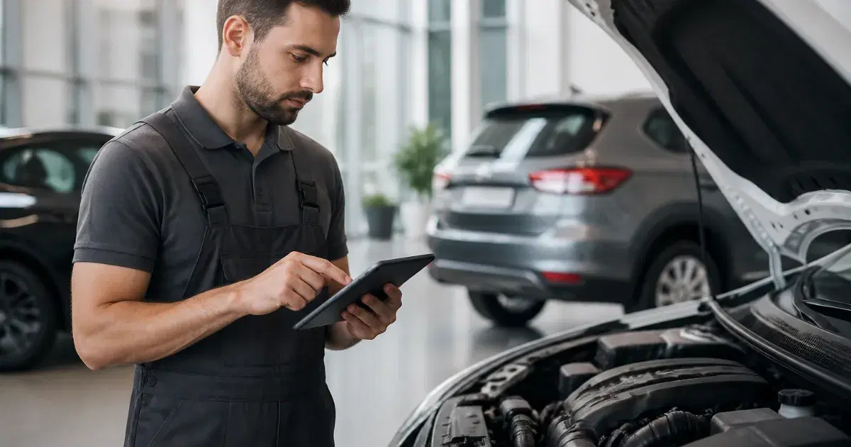 Mecânico usa tablet ao lado de carro com capô aberto em oficina, com outros veículos ao fundo.