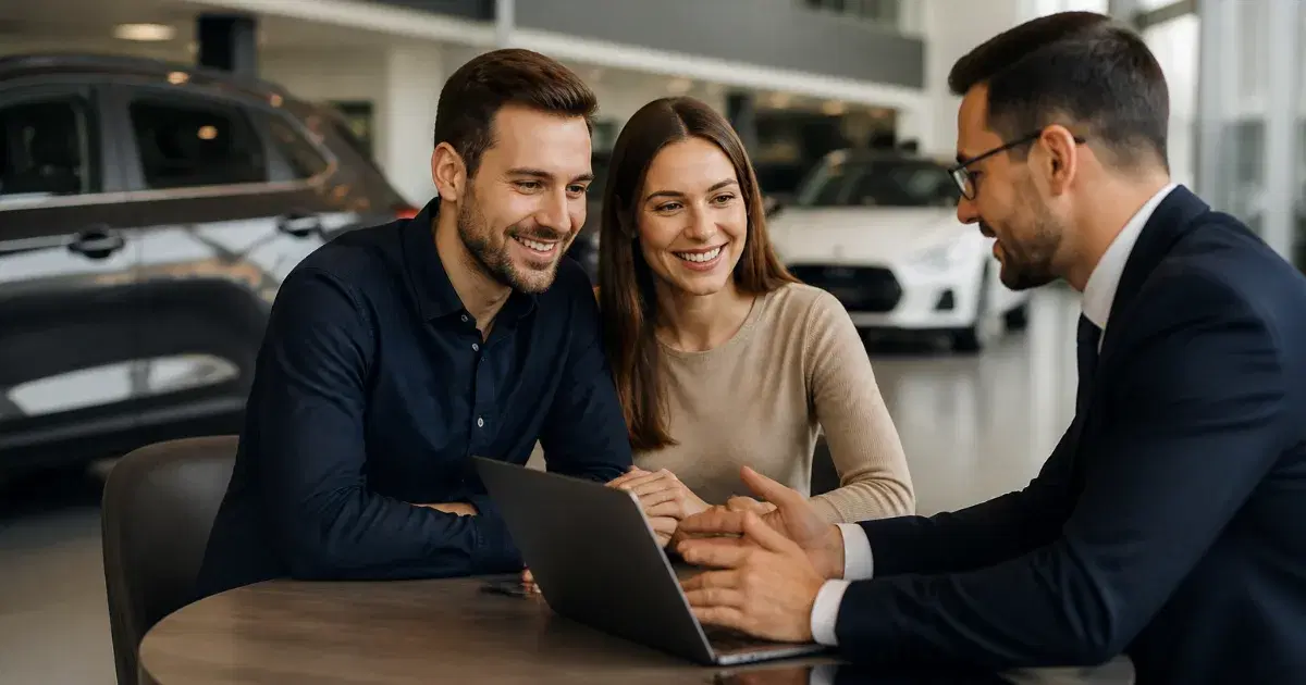 Três pessoas sorriem e conversam diante de um notebook, em uma concessionária de carros.