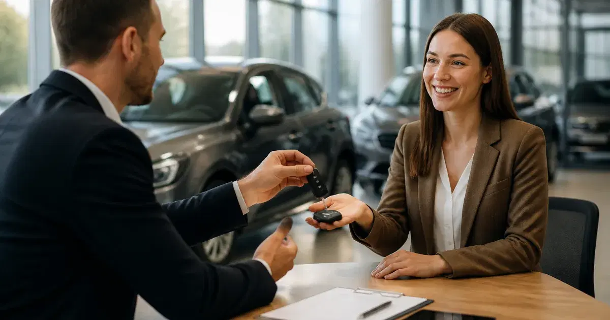 Homem entrega chave de carro a mulher sorridente, sentada à mesa em concessionária, com veículos ao fundo.