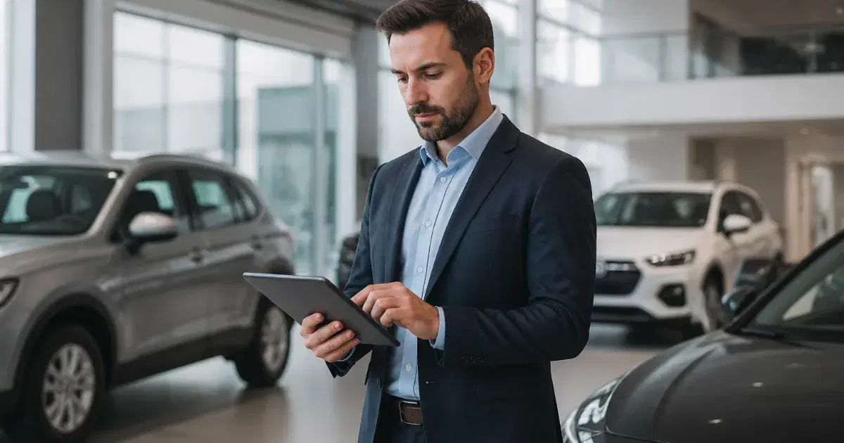 Homem de terno usa um tablet em uma concessionária, cercado por carros.