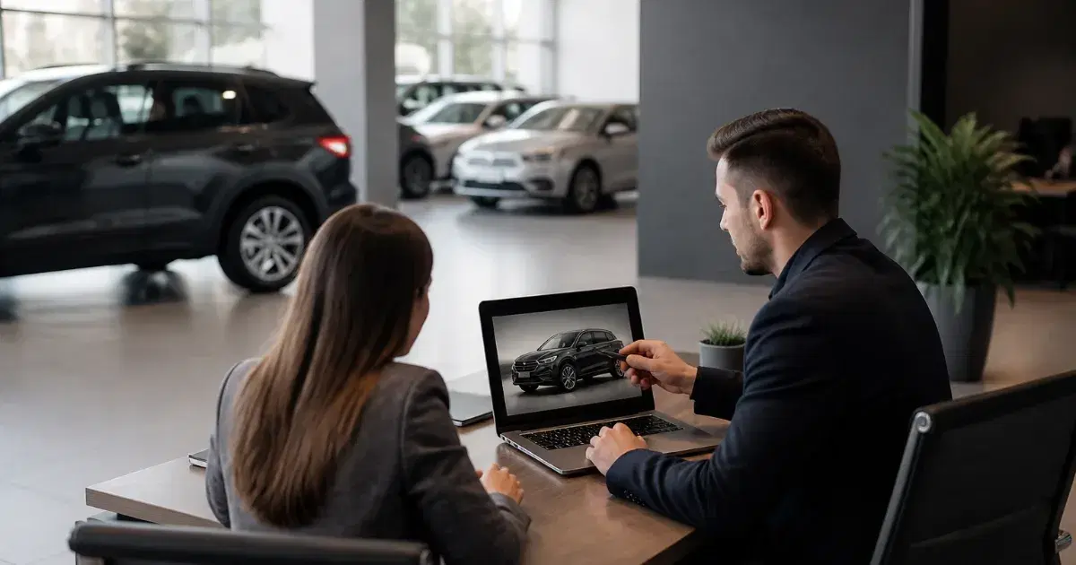 Homem e mulher observam um carro na tela de um notebook, sentados à mesa em uma concessionária.