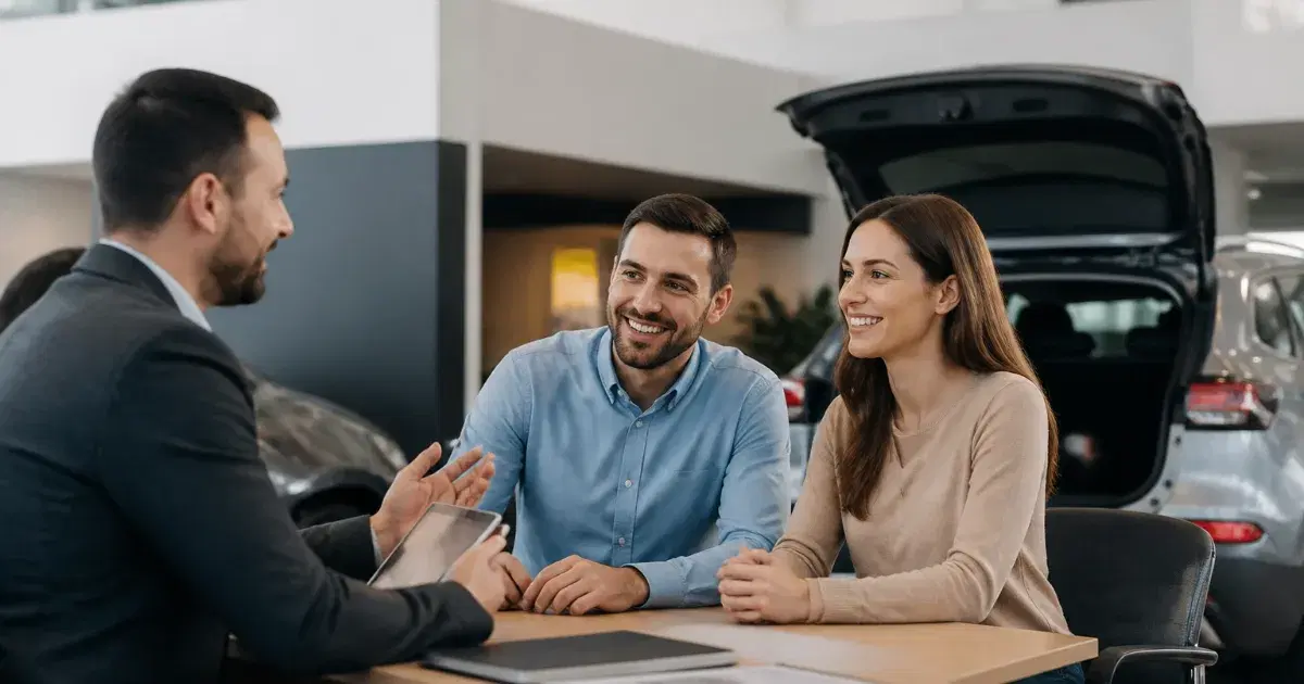 Três pessoas conversam à mesa em uma concessionária, com porta-malas de carro aberto ao fundo.