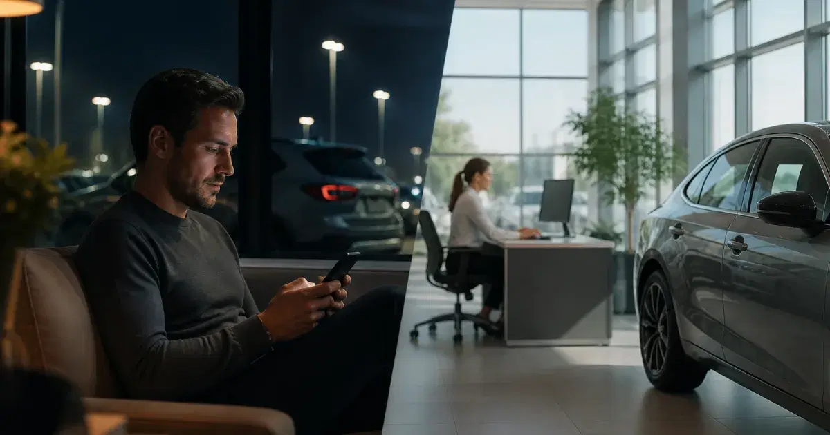 Homem sentado usa o celular em concessionária, com carros expostos e mulher ao computador ao fundo.