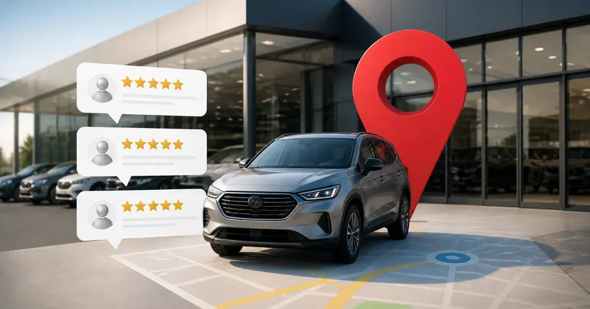SUV cinza diante de concessionária, com marcador vermelho e três balões de avaliação com cinco estrelas.