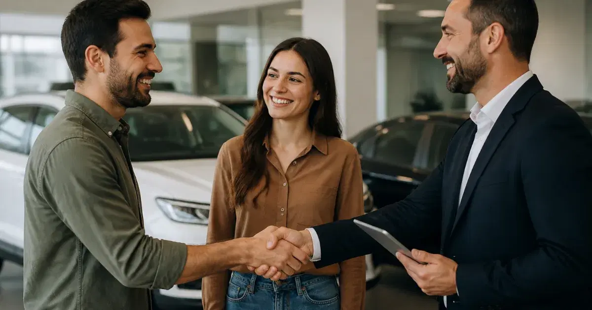 Dois homens apertam as mãos diante de uma mulher sorridente em uma concessionária de carros.