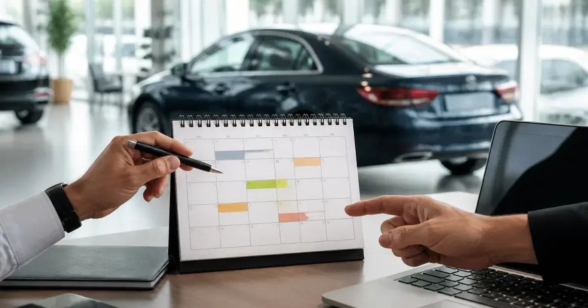 Duas pessoas apontam para um calendário de mesa, com laptop e carros ao fundo em uma concessionária.
