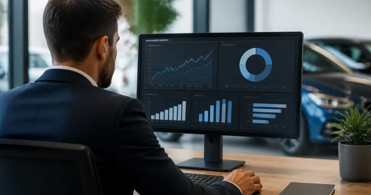 Homem de terno observa gráficos e indicadores em um monitor, com carro e vaso de planta ao fundo.