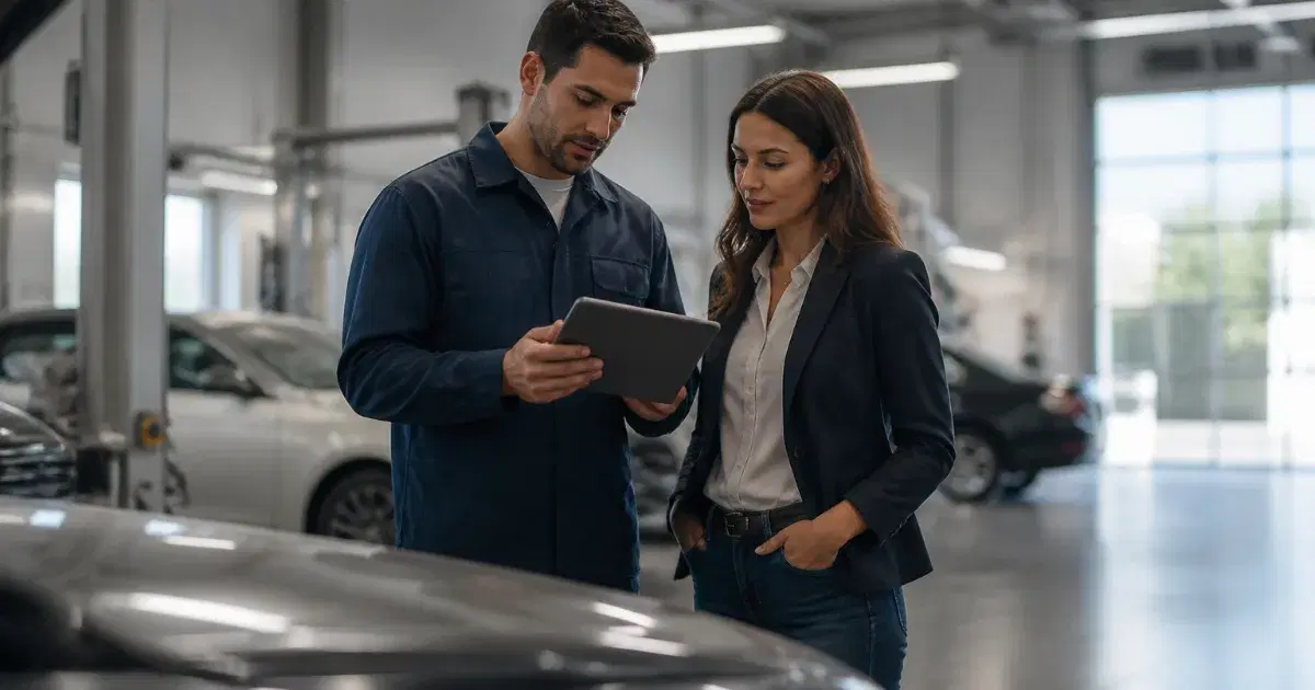 Homem e mulher observam um tablet em uma oficina, cercados por carros.