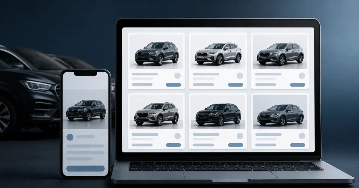 Notebook e celular exibem um SUV em concessionária, com carros ao fundo e ícones de busca e envio.