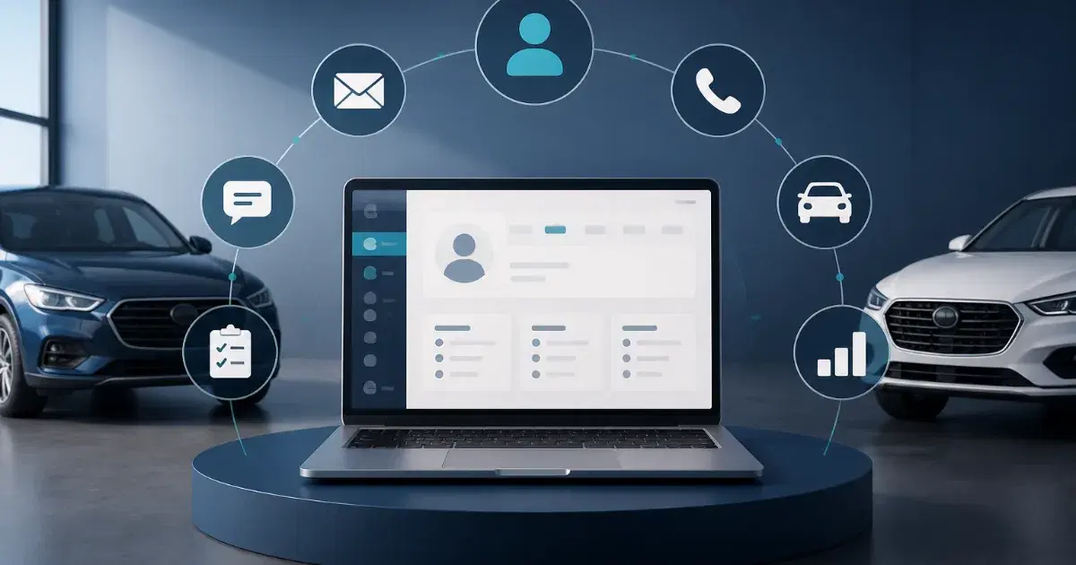 Notebook com painel de usuário na tela, entre dois carros e cercado por ícones de e-mail, telefone e mensagens.