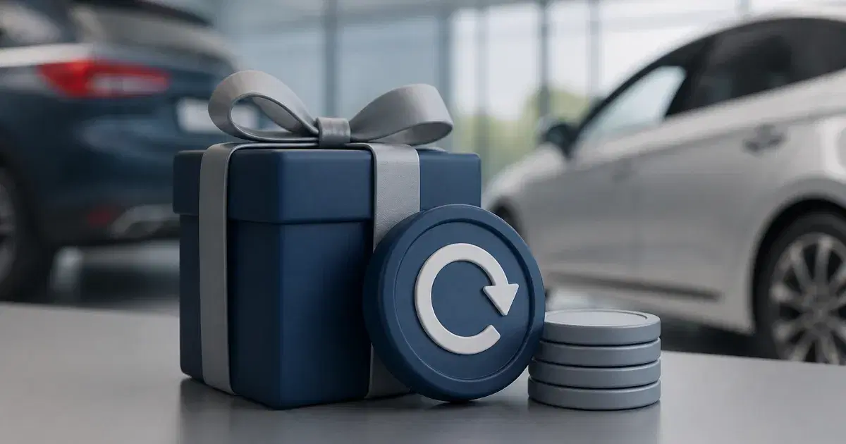Caixa de presente azul com laço prateado, disco com seta circular e fichas empilhadas, entre dois carros.