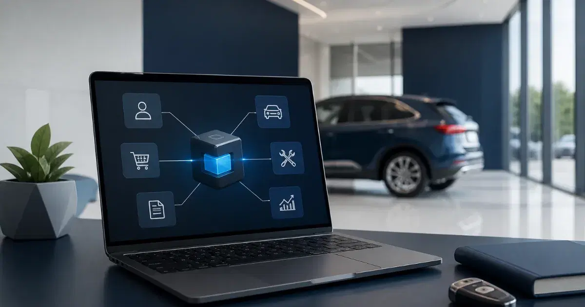 Homem de terno usa um tablet em uma concessionária, cercado por carros.