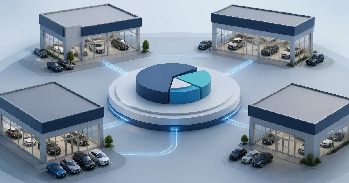 Quatro lojas envidraçadas com carros cercam plataforma circular com gráfico de setores, ligadas por linhas azuis.