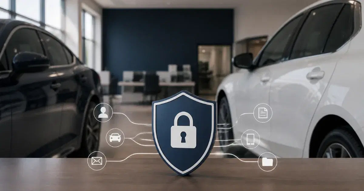 Dois carros em uma garagem, com escudo e cadeado ao centro conectados a ícones digitais.