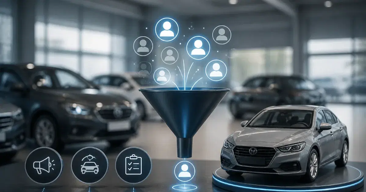 Carros em concessionária, com funil digital de perfis ao centro e sedã prateado sobre plataforma à direita.