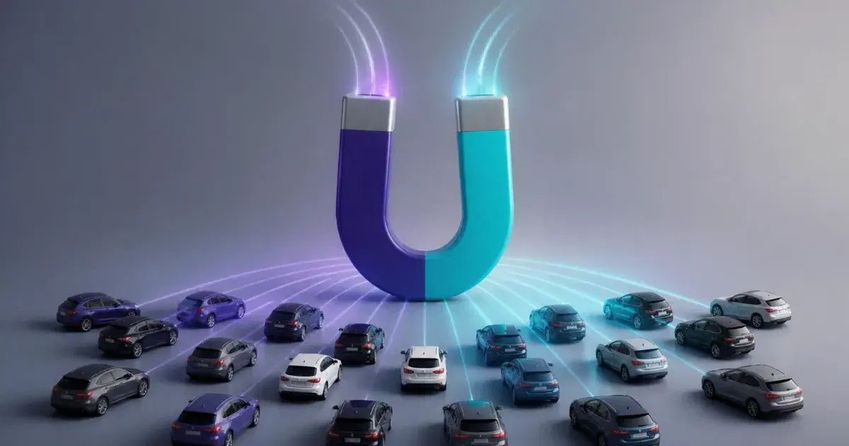 Ímã em U, roxo e azul, paira sobre vários carros, com feixes luminosos conectando-os às extremidades.