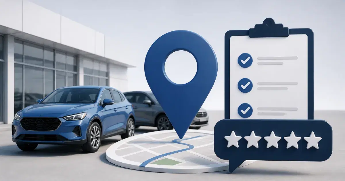 Carro azul diante de concessionária, ao lado de mapa com marcador, prancheta com itens marcados e cinco estrelas.