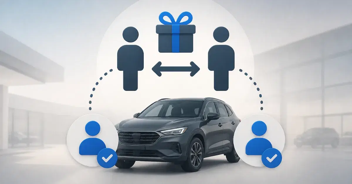 Carro cinza entre ícones de pessoas, com setas de troca, presente e marcas de verificação.