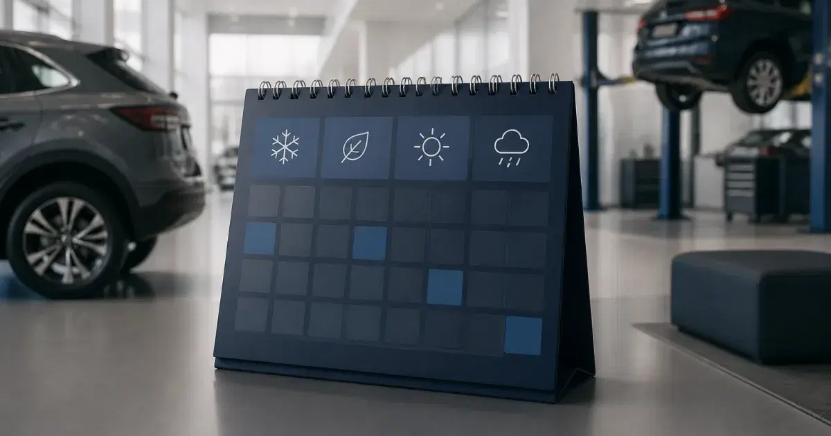 Calendário de mesa com ícones de clima diante de dois carros em uma oficina.
