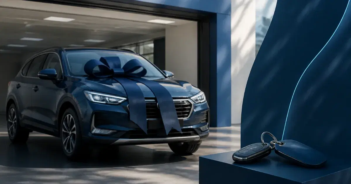 SUV azul com laço grande no capô diante de uma garagem; chave do carro sobre pedestal à direita.