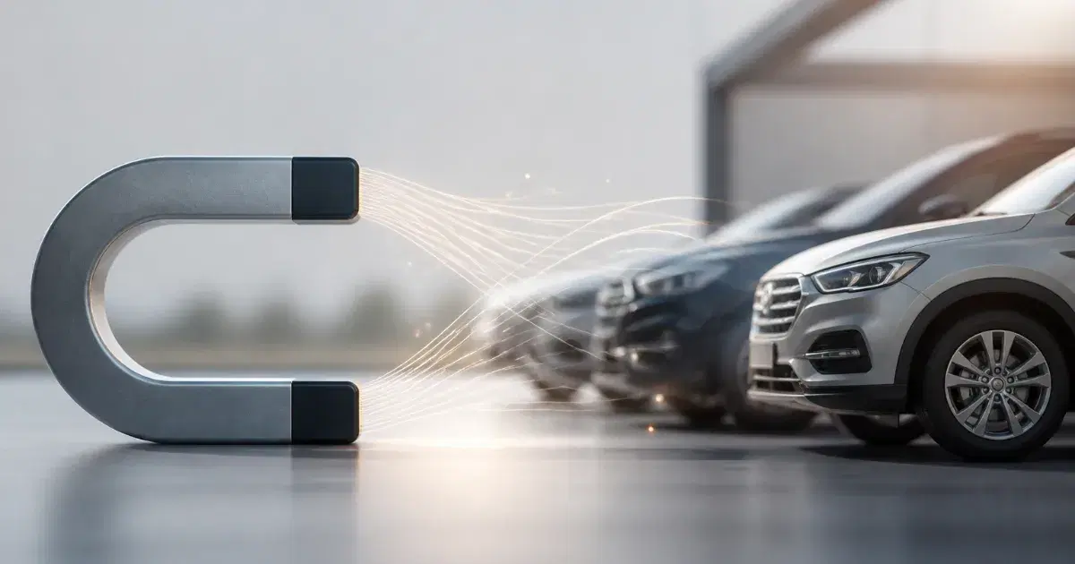 Ímã em forma de U à esquerda, com linhas luminosas ligando-o a três carros estacionados à direita.