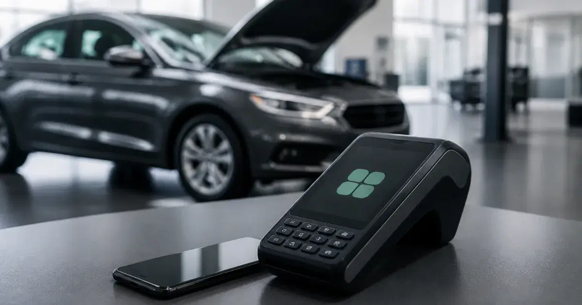 Celular em suporte e base de carregamento sobre bancada, com um sedã e um SUV elevado na oficina ao fundo.