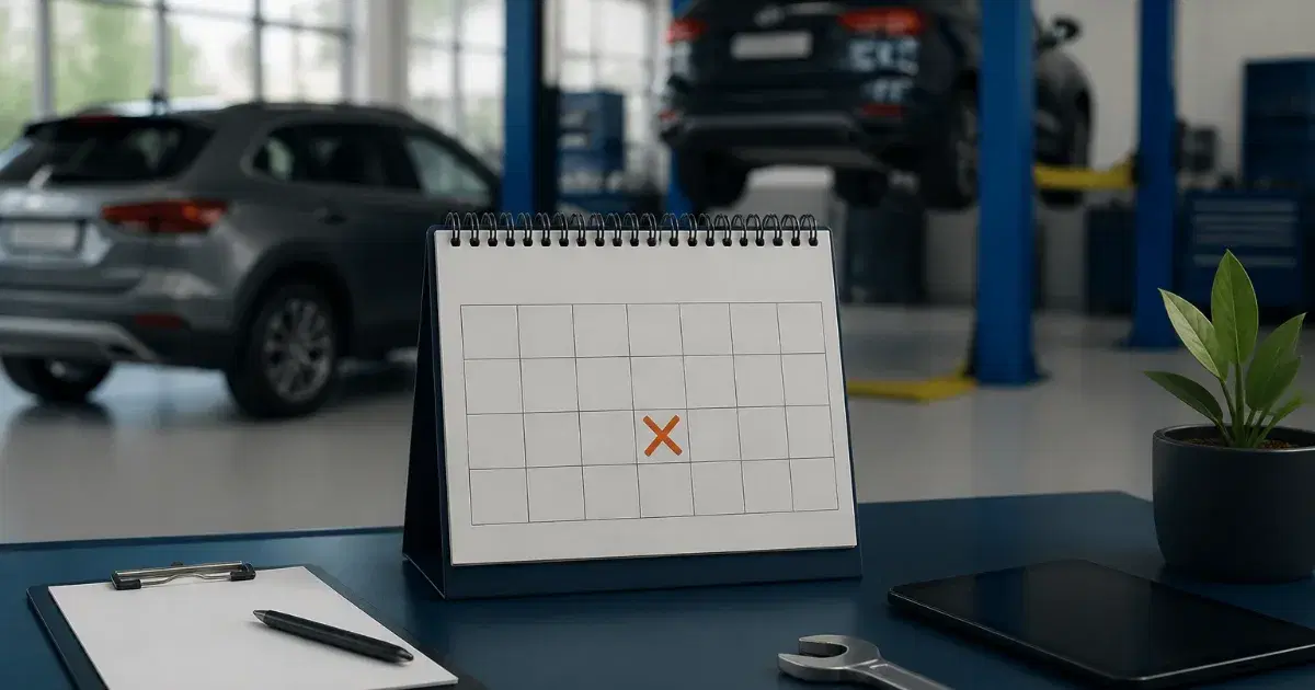 Calendário de mesa com X vermelho sobre bancada; ao fundo, carros em uma oficina mecânica.
