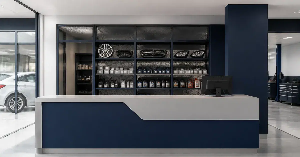 Balcão branco e azul diante de estantes com frascos, roda e peças automotivas em uma oficina.