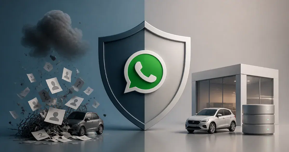 Escudo com logo do WhatsApp ao centro; carros e papéis sob nuvem escura à esquerda, prédio e servidor à direita.