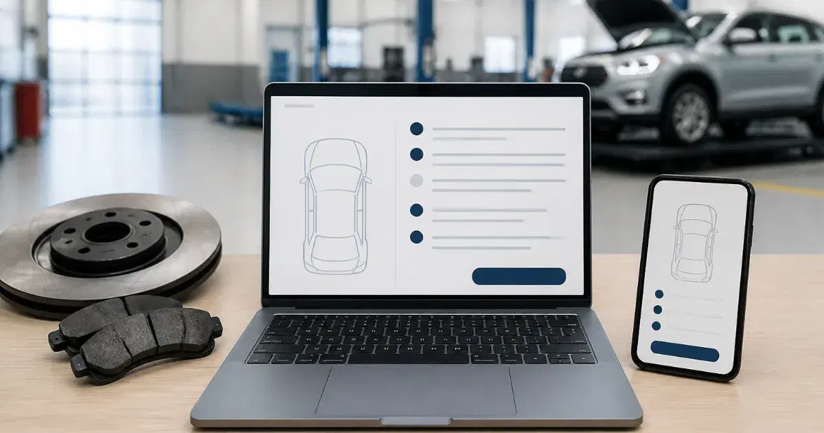 Notebook e celular exibem esquema de carro; disco e pastilhas de freio estão sobre mesa em oficina automotiva.