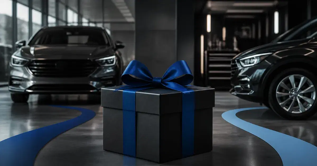 Caixa de presente preta com laço azul entre dois carros escuros em uma concessionária.