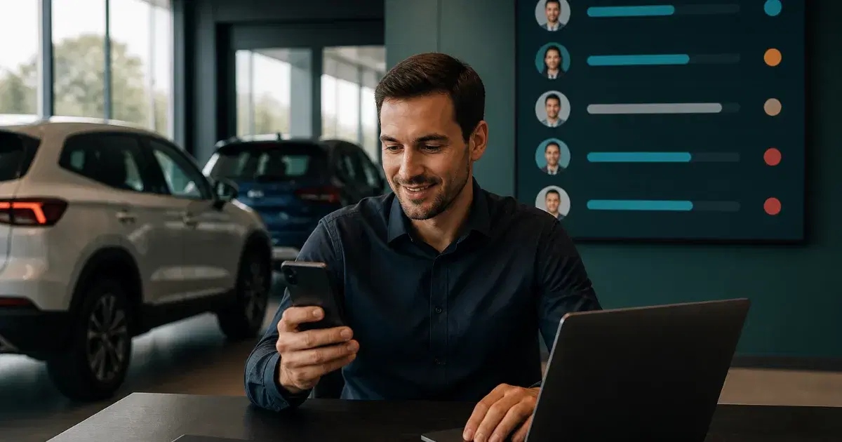 Homem sentado à mesa usa celular diante de notebook, com carros e painel digital ao fundo em uma concessionária.